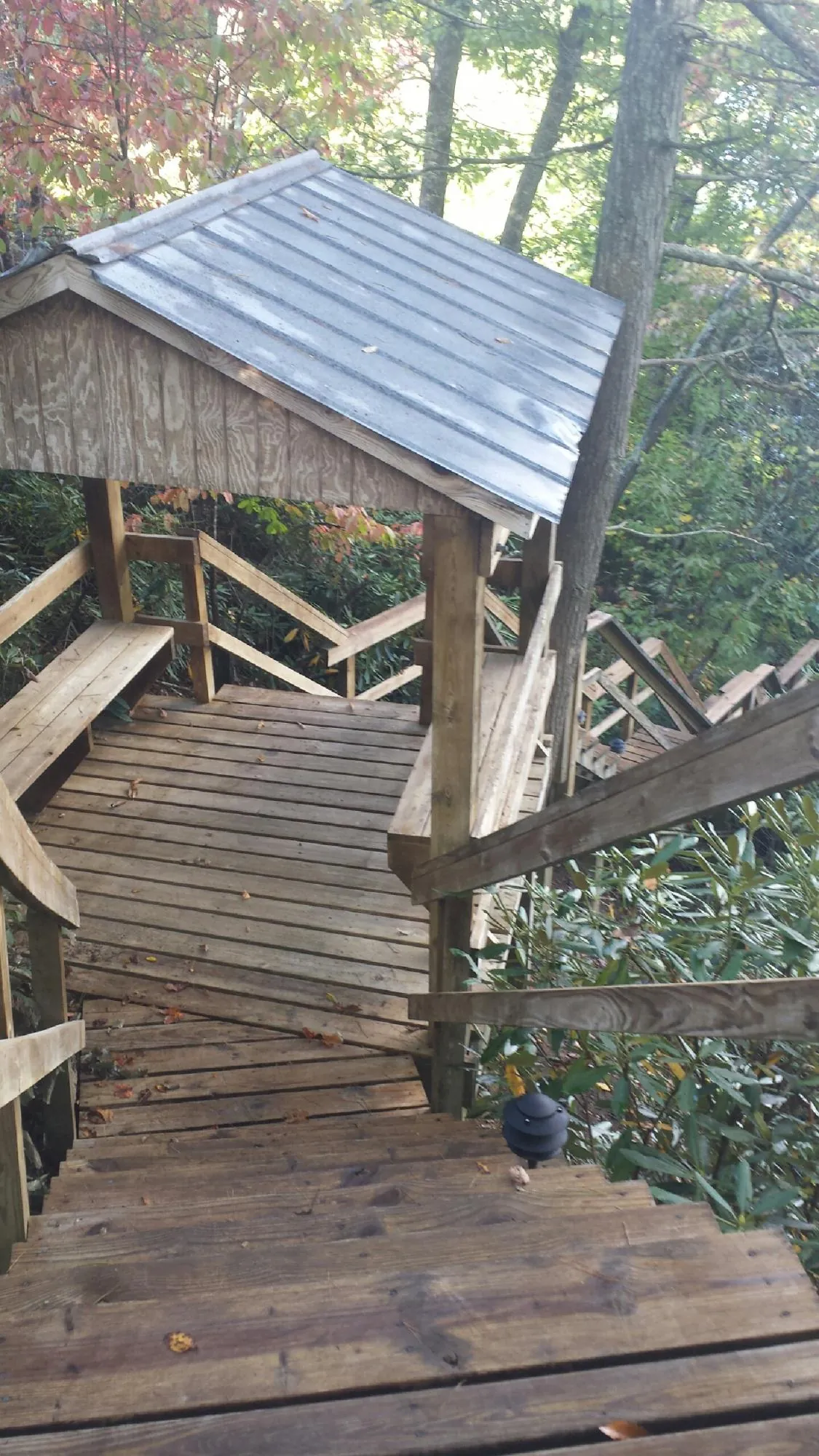 Metal roofed shelter over wooden steps on a wooded walkway — Skylight Repair & Installation work by our crew in Mayodan